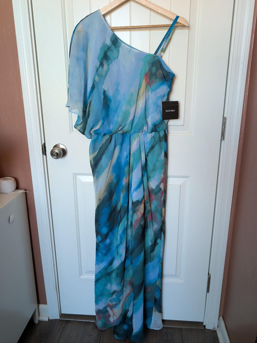 NWT Ellen Tracy One Shoulder Watercolor Print Maxi Dress W8 Sea Seafoam